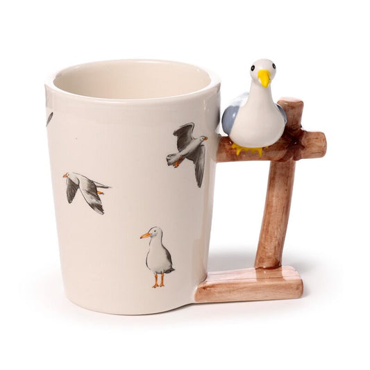 Zeemeeuw mok met 3D handvat – keramiek 400 ml – houten steiger design