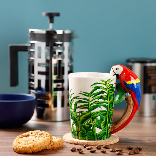 Papegaai mok met jungleprint en 3D-handvat – tropisch keramiek 400ml