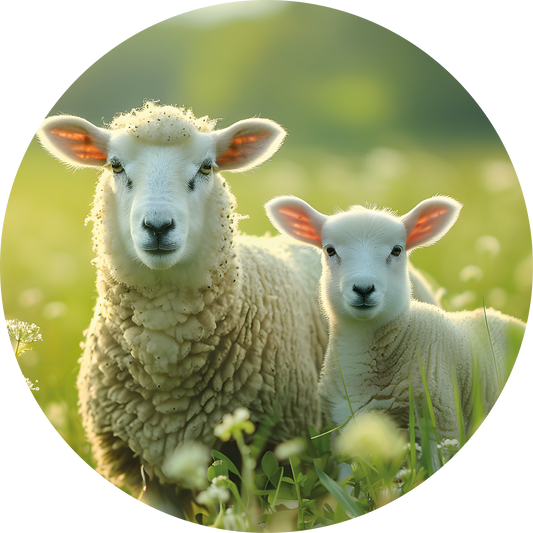 Ronde wandcirkel van Forex met schaap en lam in zonovergoten weide