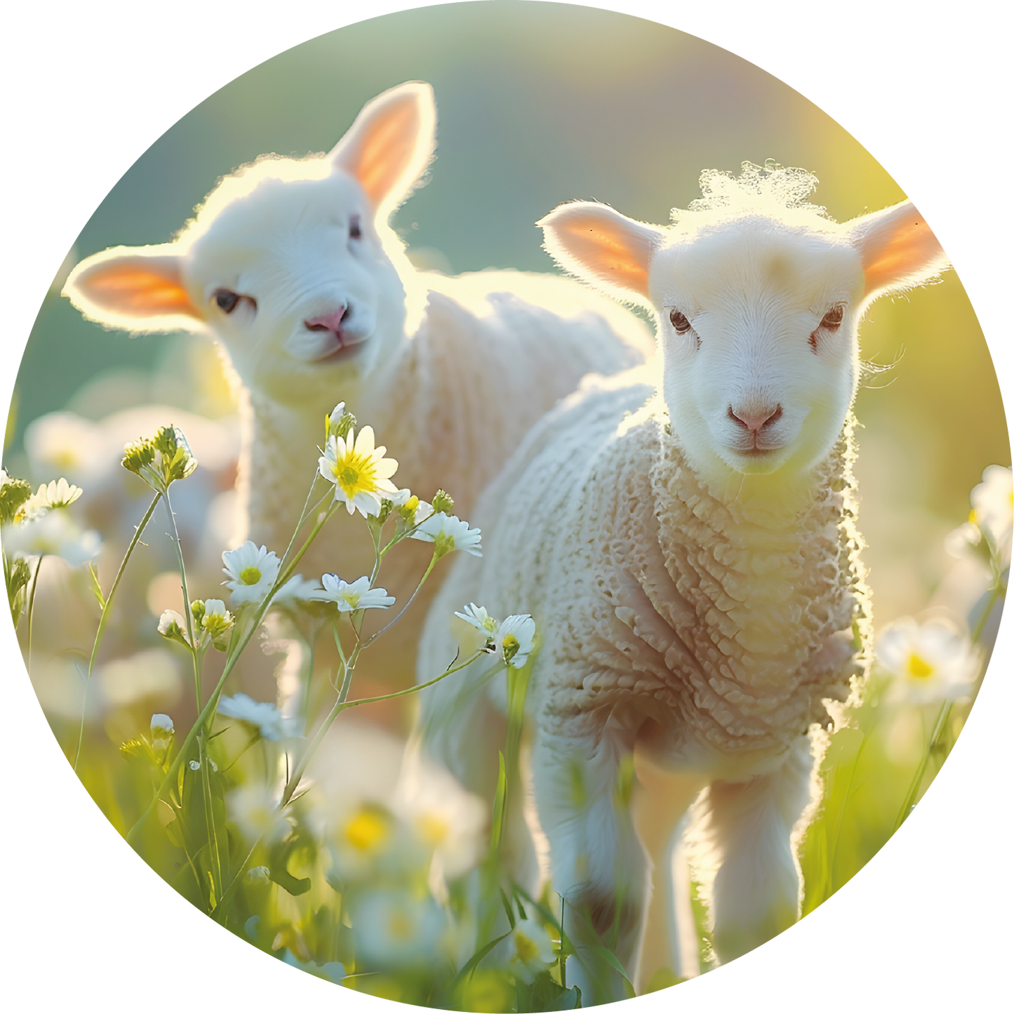 Ronde wandcirkel van Forex met twee lammetjes tussen madeliefjes