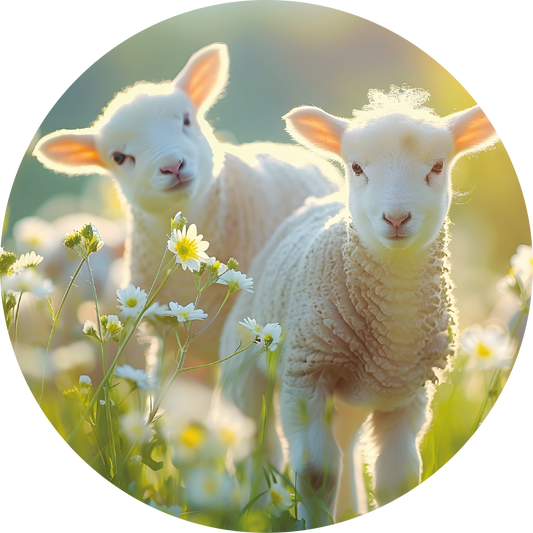 Ronde wandcirkel van Forex met twee lammetjes tussen madeliefjes