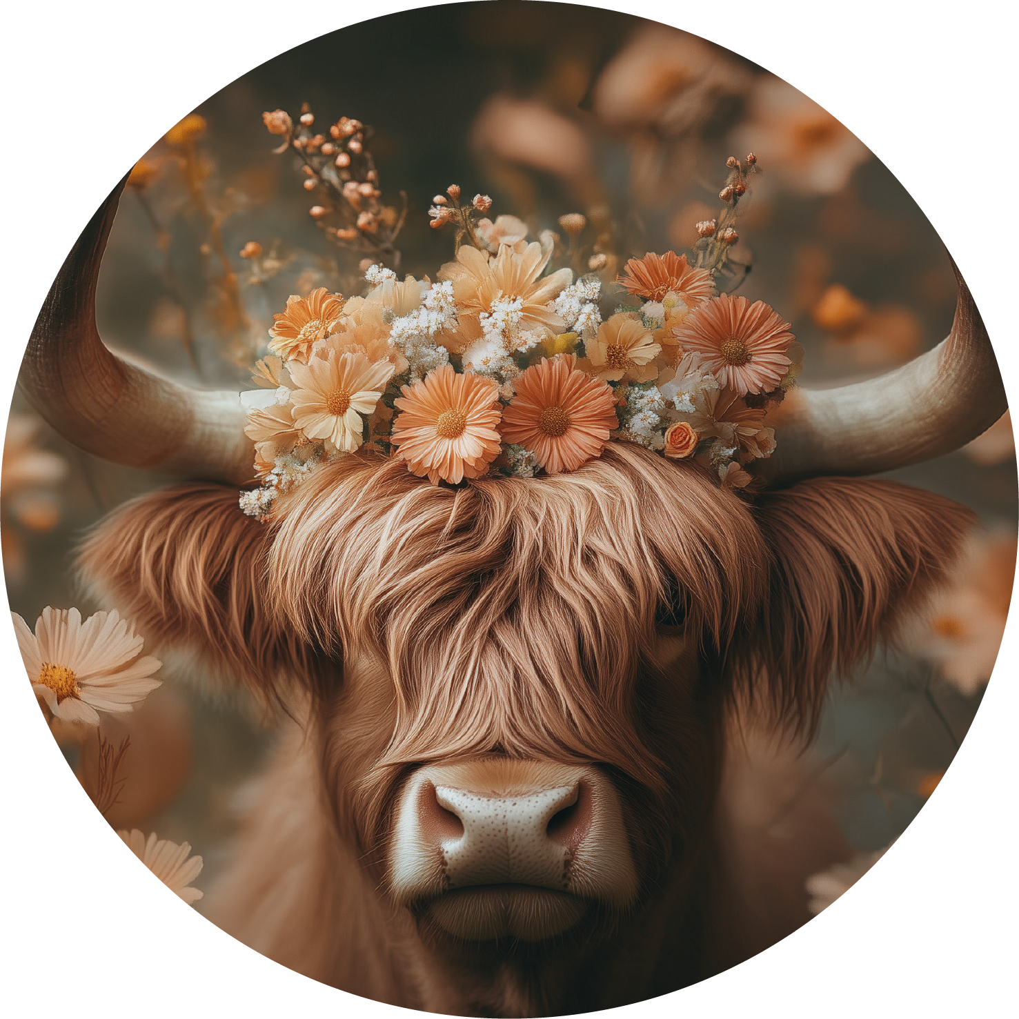 Muurcirkel Schotse Hooglander met bloemenkroon in perzikkleuren op forex – 30 cm – Krokomingo