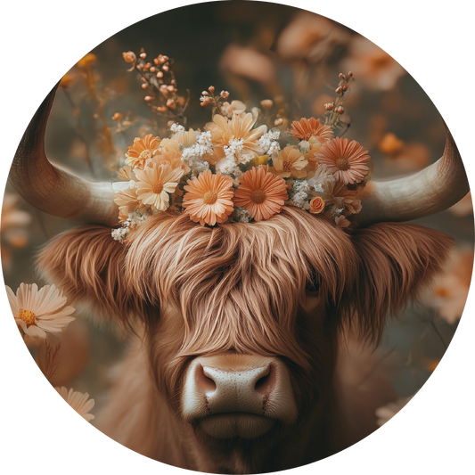 Muurcirkel Schotse Hooglander met bloemenkroon in perzikkleuren op forex – 30 cm – Krokomingo