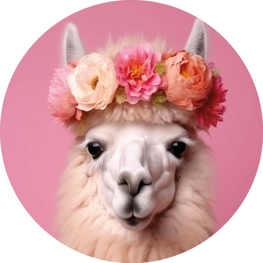 Roze muurcirkel van lama met bloemenkrans – wanddecoratie Forex 30 cm