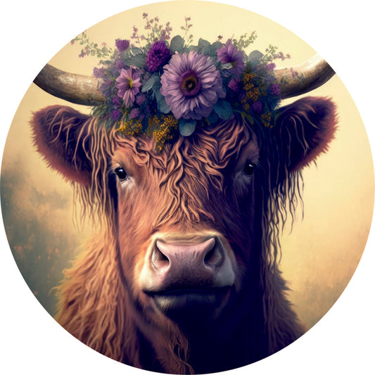 Muurcirkel Schotse Hooglander met bloemenkrans op forex – 60 cm – Krokomingo