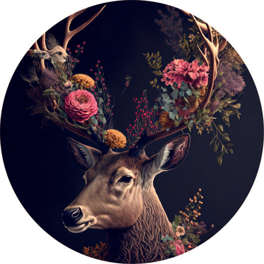 Muurcirkel met hert en bloemen op donkere achtergrond – ronde wanddecoratie forex 30 cm
