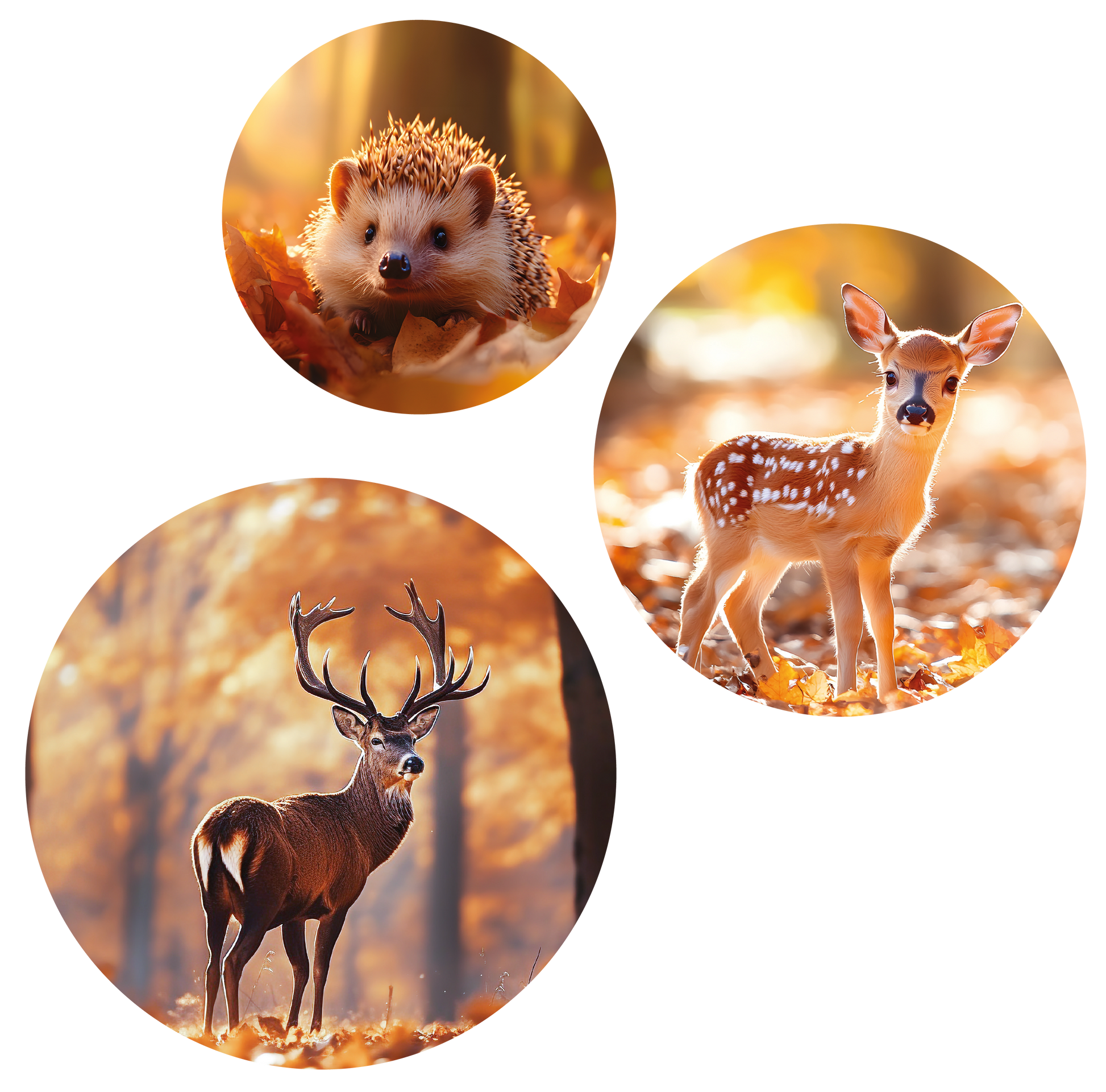 Set van 3 muurcirkels herfstdecoratie – rendier, hert en egel op forex in warme kleuren