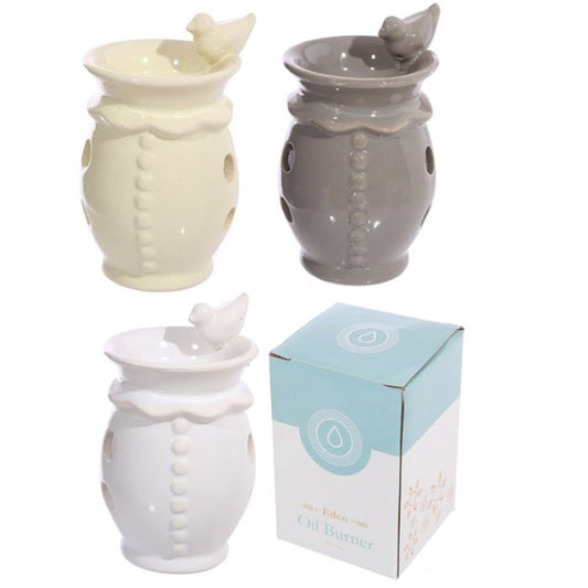 Geurbrander keramiek met drinkend vogeltje – beige, grijs of wit – Eden