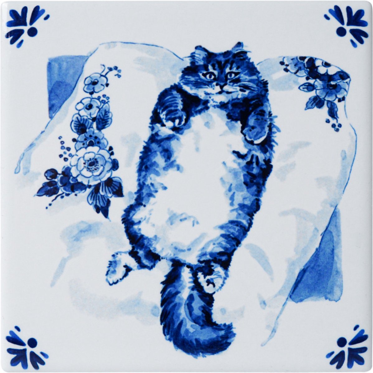 Onderzetters Luie Kat – Set van 4 Delfts Blauw | Heinen