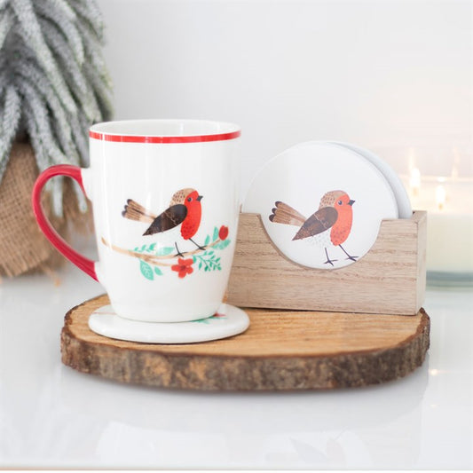 Decoratieve houten onderzetters met roodborstje print, inclusief houten houder – Krokomingo