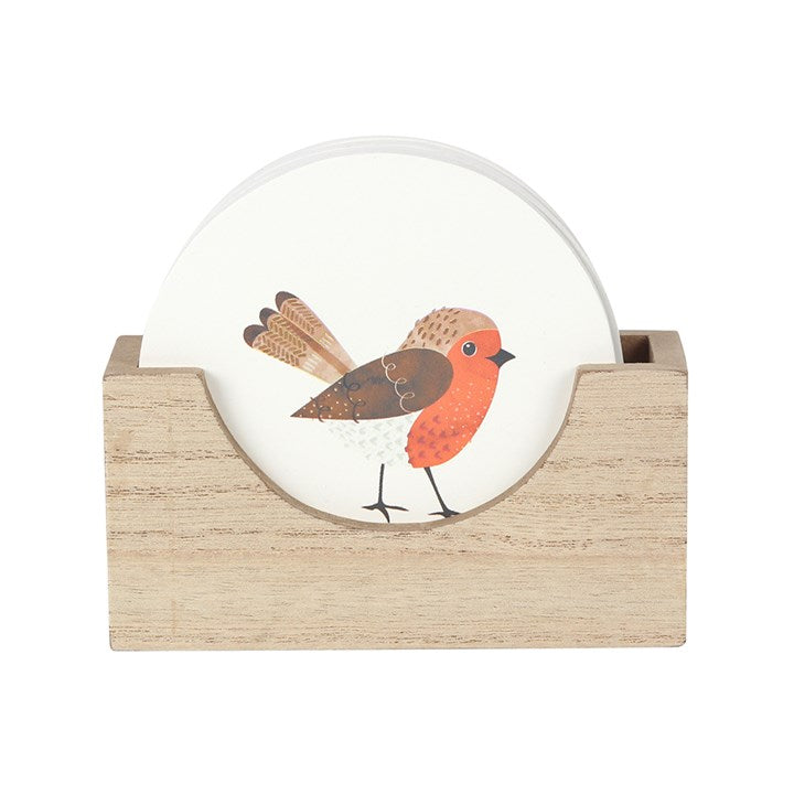 Houten Onderzetters met Roodborstje – Set van 4 met Houder