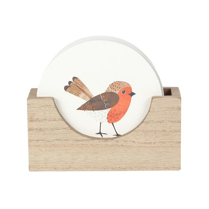 Houten Onderzetters met Roodborstje – Set van 4 met Houder