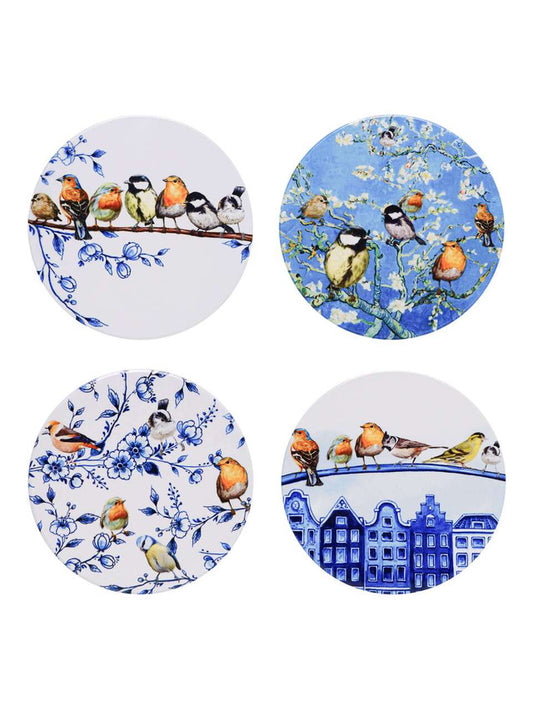 Set van 4 keramische onderzetters met bosvogels en kunstzinnige prints