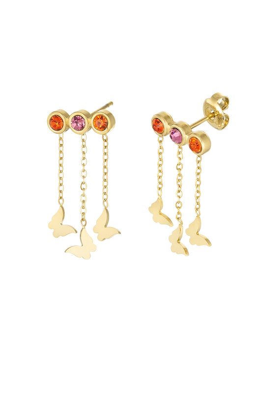 Gouden stainless steel oorbellen met vlinders en gekleurde steentjes