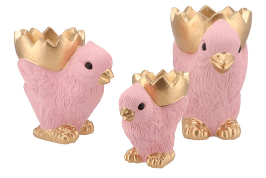 Roze paaskuiken beeld met gouden schaaltje – keramiek – 3 formaten – paasdecoratie