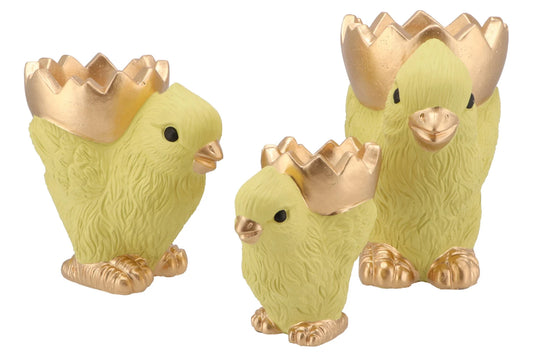 Geel paaskuiken met gouden schaaltje – keramiek – 3 maten – paasdecoratie