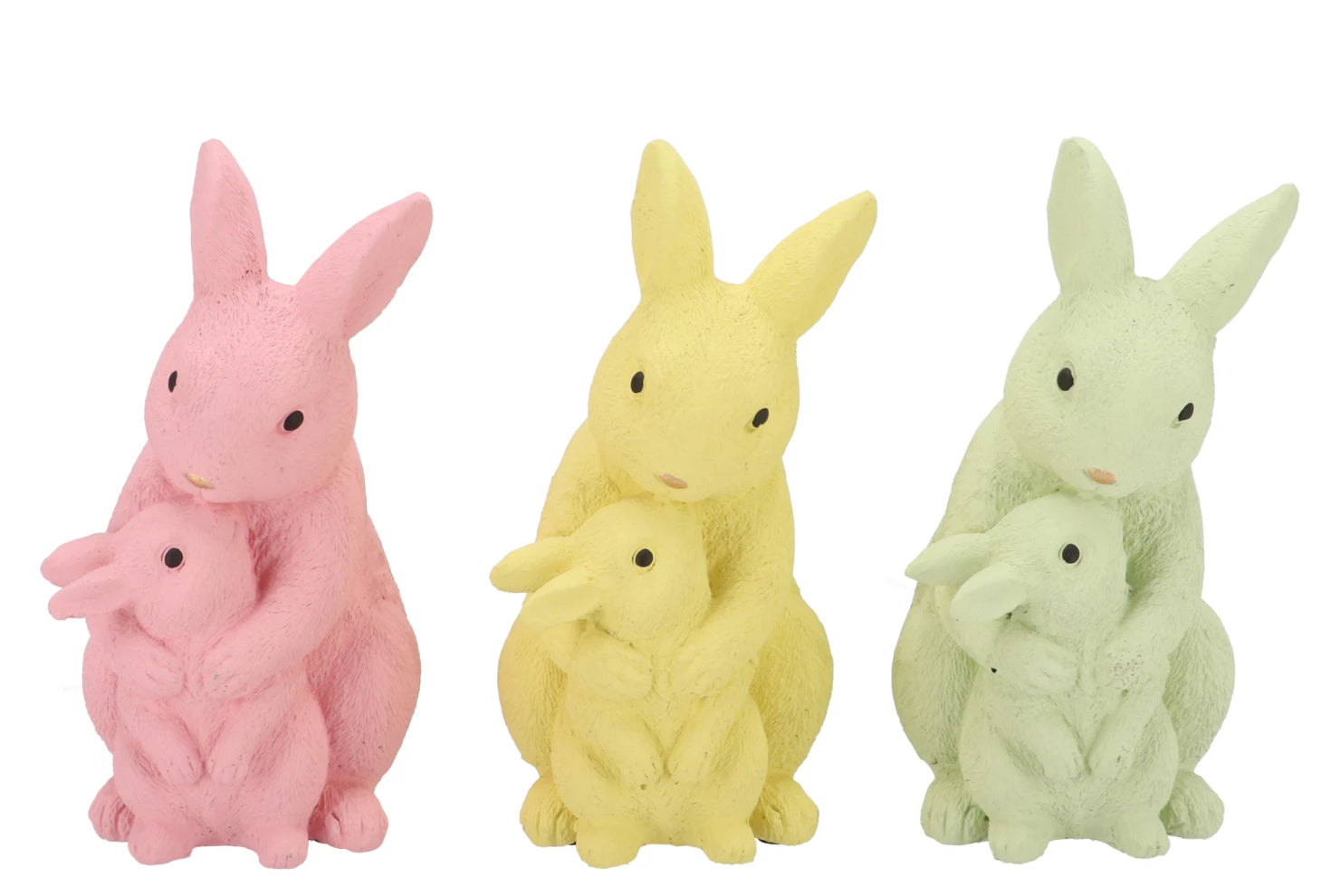 Pastelkleurig keramieken beeld van moederkonijn met jong – Paasdecoratie in roze, mint of geel