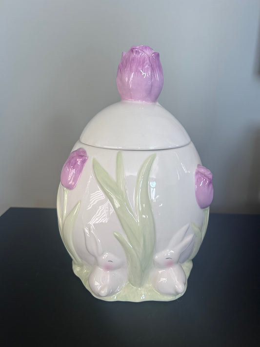 Voorraadpot Konijn & Tulp Paars – Paasdecoratie met tulpdeksel en konijntjes