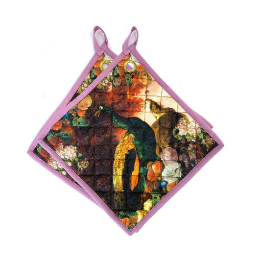 Set van 2 kleurrijke pannenlappen met vogelmotief – Rika design van Imbarro