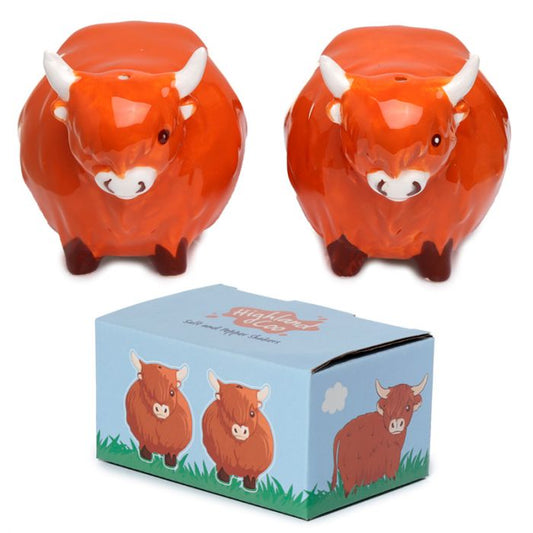 Peper- en zoutstel van keramiek in vorm van Schotse Hooglanders – oranjebruin, 6x8,5x8 cm