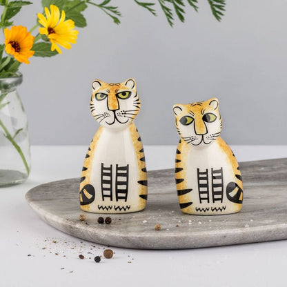 Handgemaakt tijger peper‑ en zoutstel – keramische set 9 cm & 8 cm