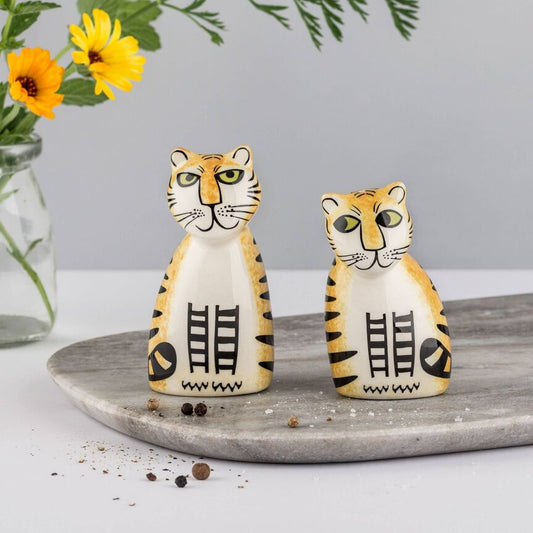 Handgemaakt tijger peper‑ en zoutstel – keramische set 9 cm & 8 cm