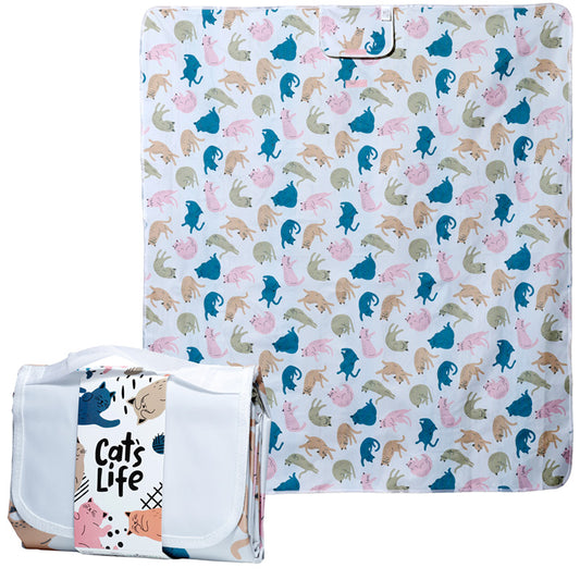 Picknickdeken met speelse kattenprint in grijs, beige, blauw, roze en paars – 158×140 cm