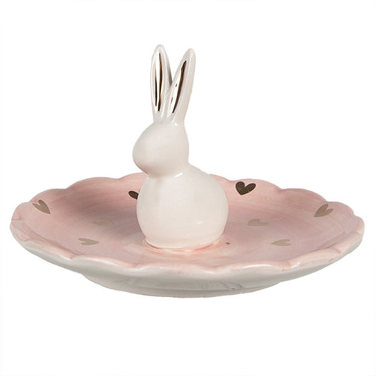 Clayre & Eef schaaltje – roze keramiek met konijn en hartjes (Ø14 cm)