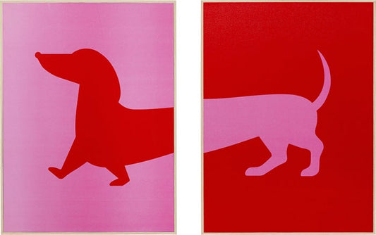 Set van 2 schilderijen met teckelprint in roze en rood – moderne wanddecoratie op hout