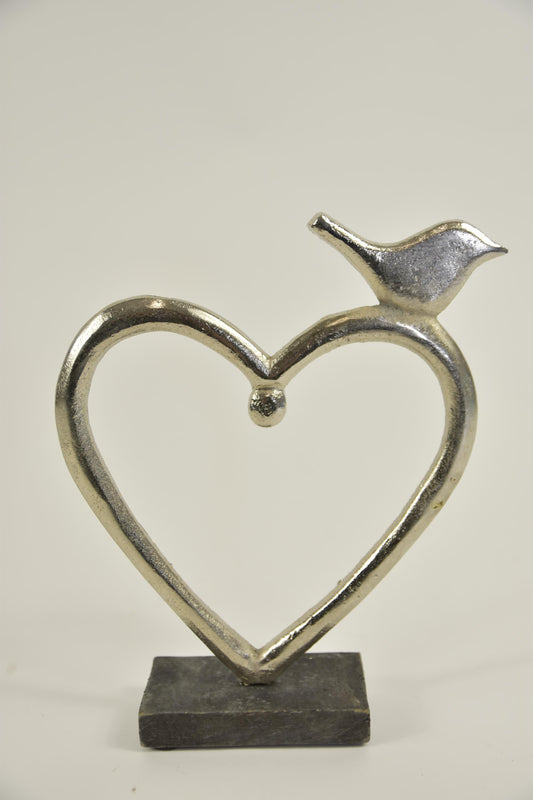 Beeld hart met vogel – zilveren decoratie op mangohout – 23 cm