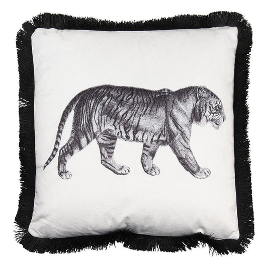Tijger kussen zwart wit grijs 45x45 cm Clayre & Eef – sierkussen met dierenprint