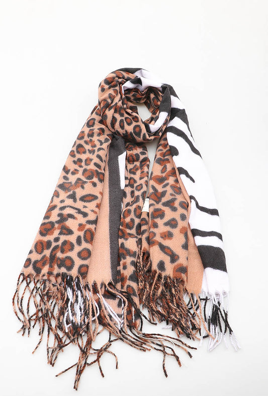 Grote zachte wintersjaal met luipaard- en zebraprint – in camel, beige of grijs – Krokomingo