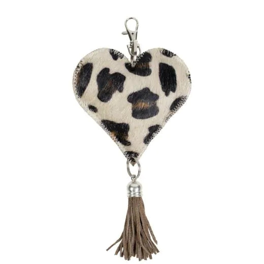 Sleutelhanger hart met panterprint in koeienhuid – bruin/beige dierenprint