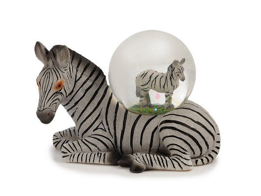Zebra beeld met sneeuwbol op de rug – safari decoratie van glas en polyresin