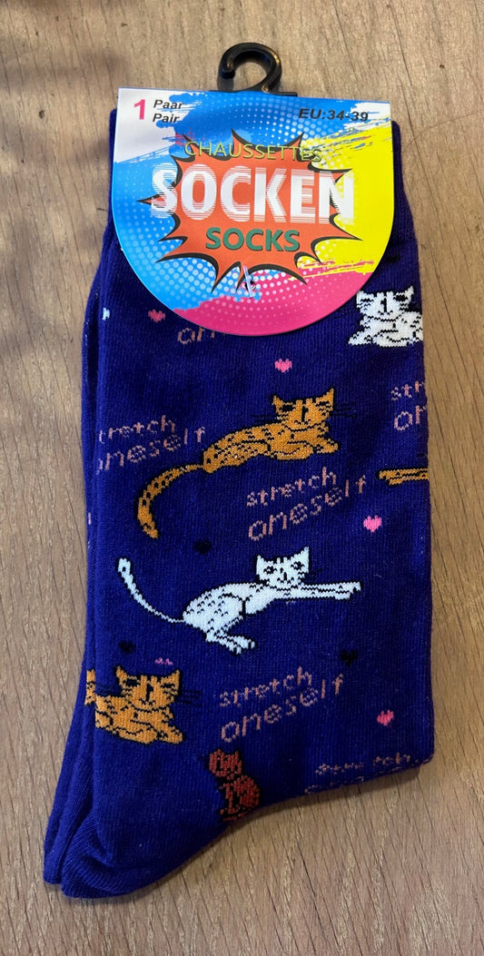 Donkerblauwe sokken met kattenprint – schattige dames sokken one size