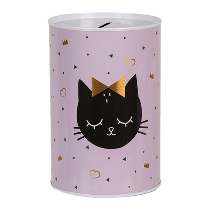 Roze metalen spaarpot met kattengezicht, strik en gouden accenten – Clayre & Eef, Ø 10 × 15 cm