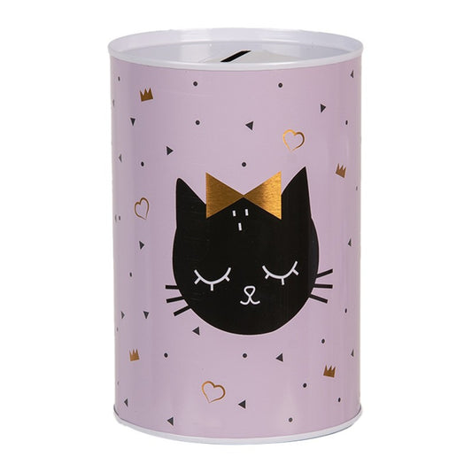 Roze metalen spaarpot met kattengezicht, strik en gouden accenten – Clayre & Eef, Ø 10 × 15 cm