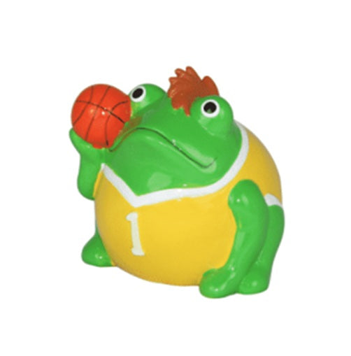 Keramische basketbal kikker spaarpot Freddy in geel shirt met basketbal – Pomme Pidou