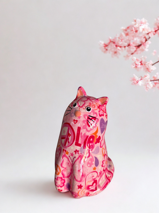 Keramische spaarpot kat Clio van Pomme Pidou in roze Love & Peace design – decoratief en kleurrijk
