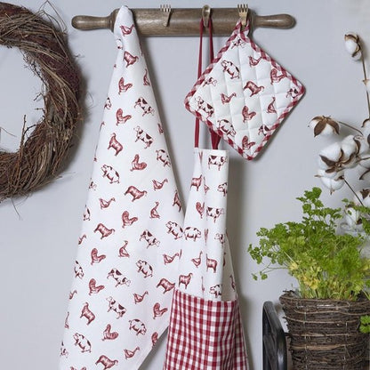 Rood-witte katoenen theedoek met boerderijdieren – Clayre & Eef