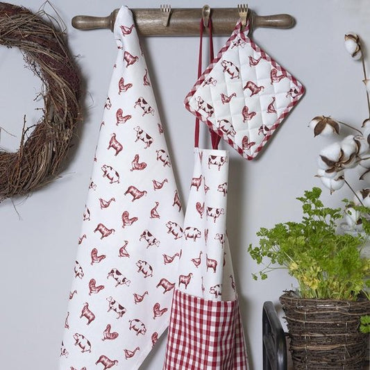 Rood-witte katoenen theedoek met boerderijdieren – Clayre & Eef