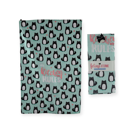 Mintgroene theedoek met kattenprint en tekst "My Kitchen My Rules" – 45 x 69 cm