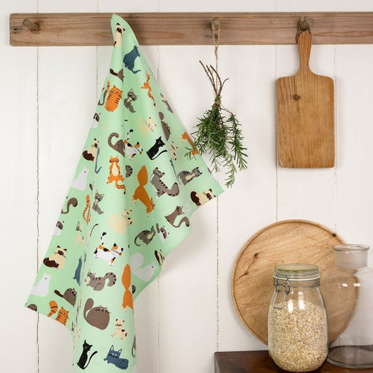 Theedoek met vrolijke kattenprint in groen – 100% katoen, 50 x 70 cm