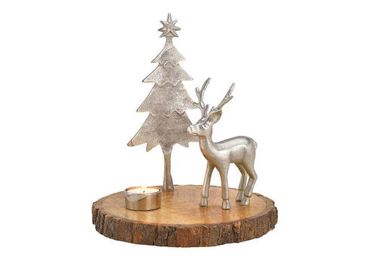 Theelichthouder kersttafereel rendier en kerstboom – metaal en hout 25 cm