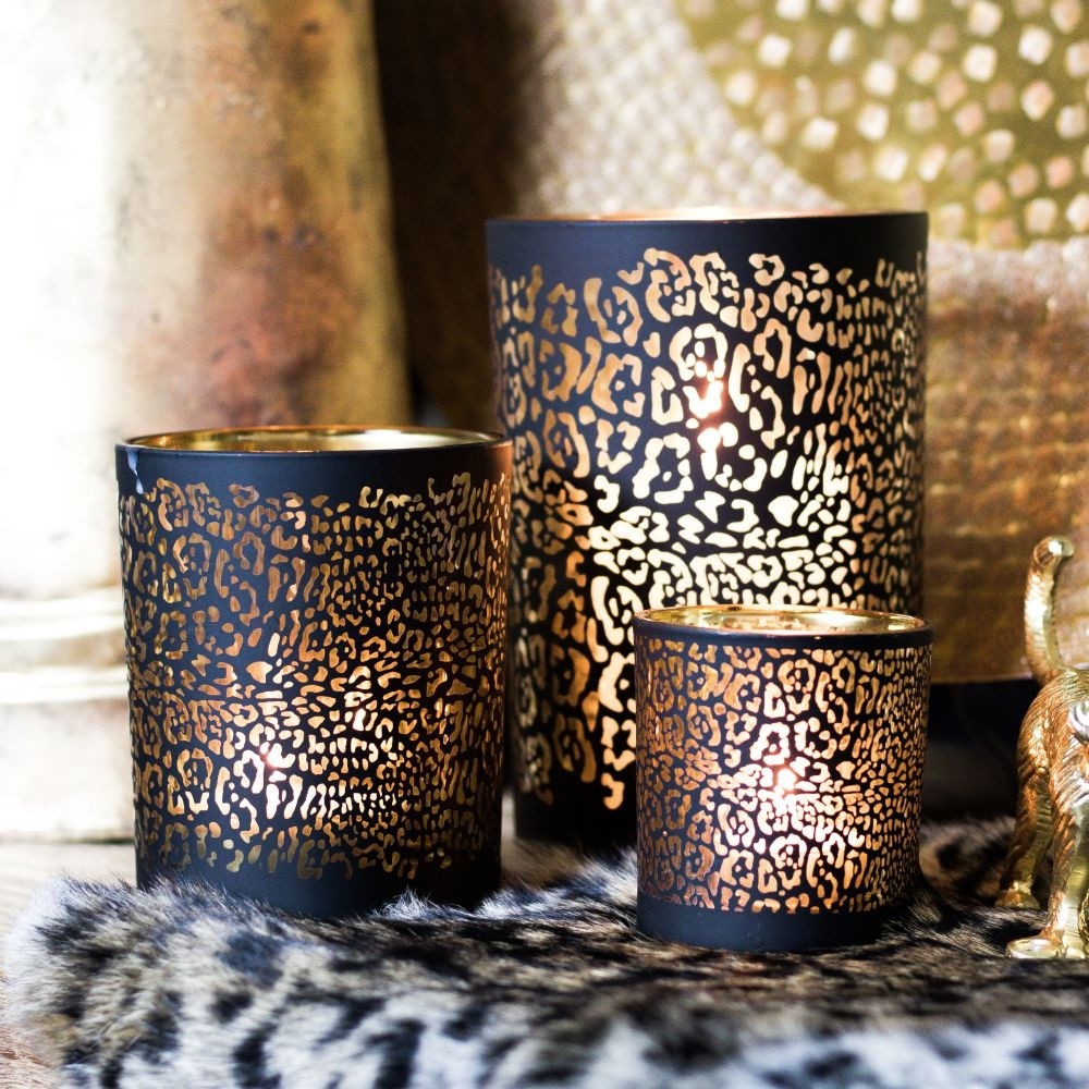 Set luxe theelichthouders zwart glas met jaguarprint en goud