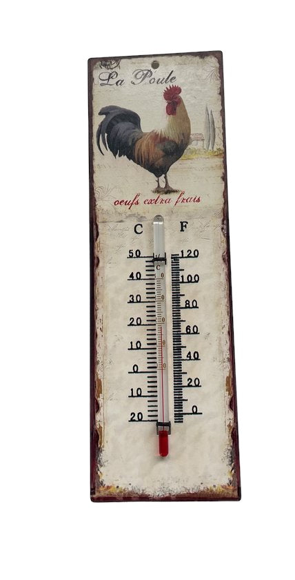 Vintage thermometer met haan en Franse tekst “La Poule” – wanddecoratie met kip – metaal – Krokomingo