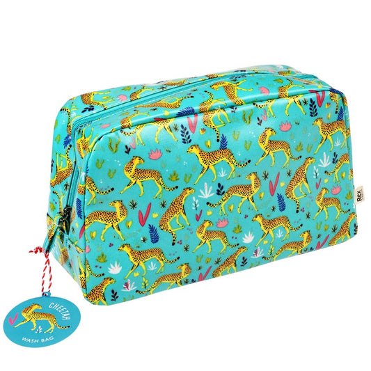 Toilettas met cheeta print in turquoise en geel – Rex London – Krokomingo