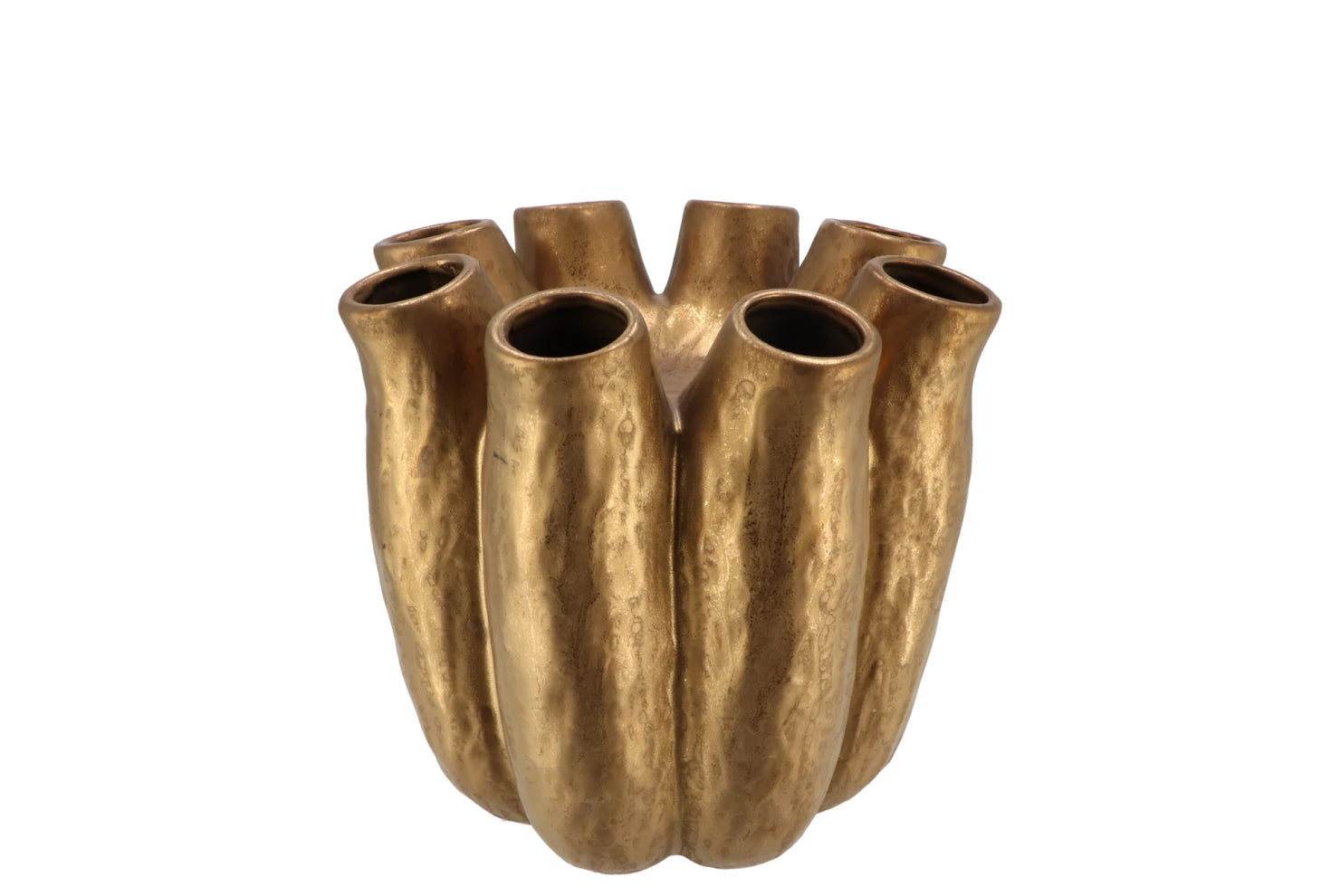 Gouden tube vaas met 8 openingen van Daan Kromhout – luxe aardewerk