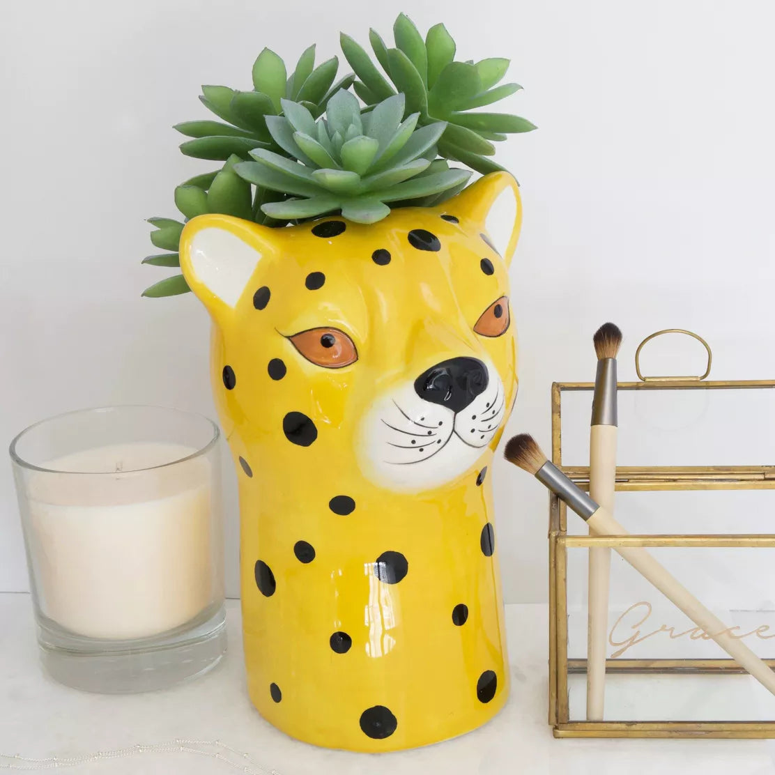 Keramische luipaardkop vaas geel – uniek home decor item