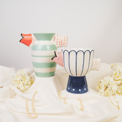 Blush Fish Vase – Pink/Blau mit Fuß